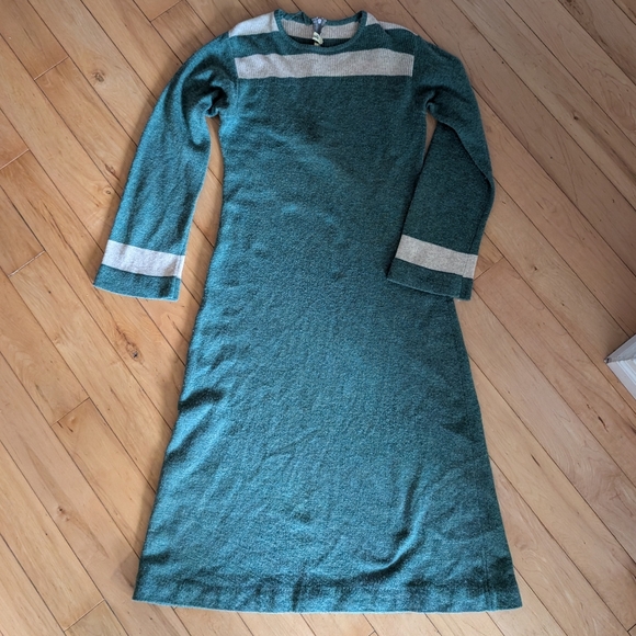 Elegant Teal and Cream Long Sleeve Vintage Dress - Picture 1 of 3